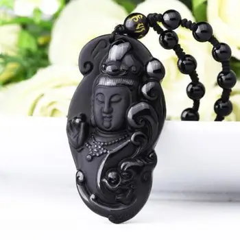 

Koraba Fine Jewelry 100% Natural Obsidian Hand Carved Guanyin Bodhisa Lucky Pendant Necklace Free Shipping