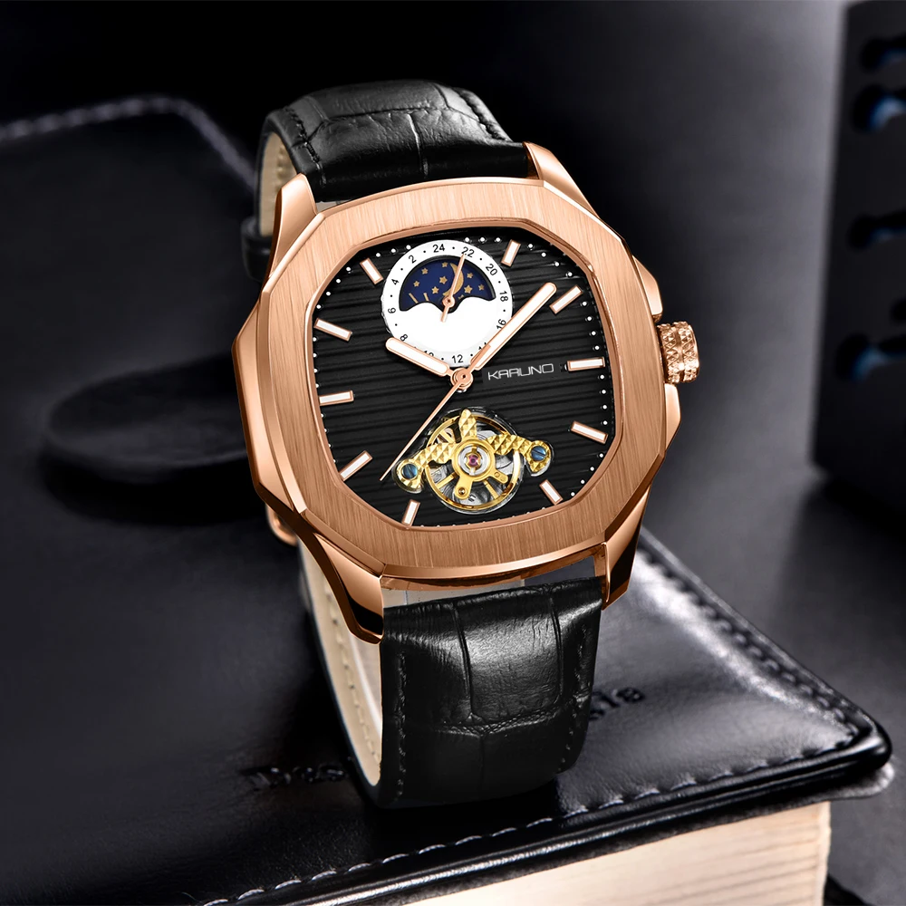 Cena MCE człowiek zegarek mechaniczny zegarek dla mężczyzn moda automatyczny zegarek mężczyźni fazy księżyca plac skóra zegarki kwarcowe Tourbillon zegarek na rękę zegar