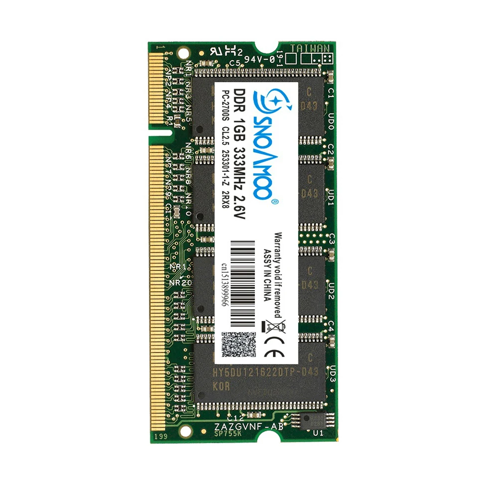 SNOAMOO ноутбук память DDR 1 ГБ 333 МГц PC2700 400 МГц PC3200 200Pin DDR 1 ГБ CL3 CL2.5 2,6 V SO-DIMM ноутбуки ОЗУ пожизненная Гарантия