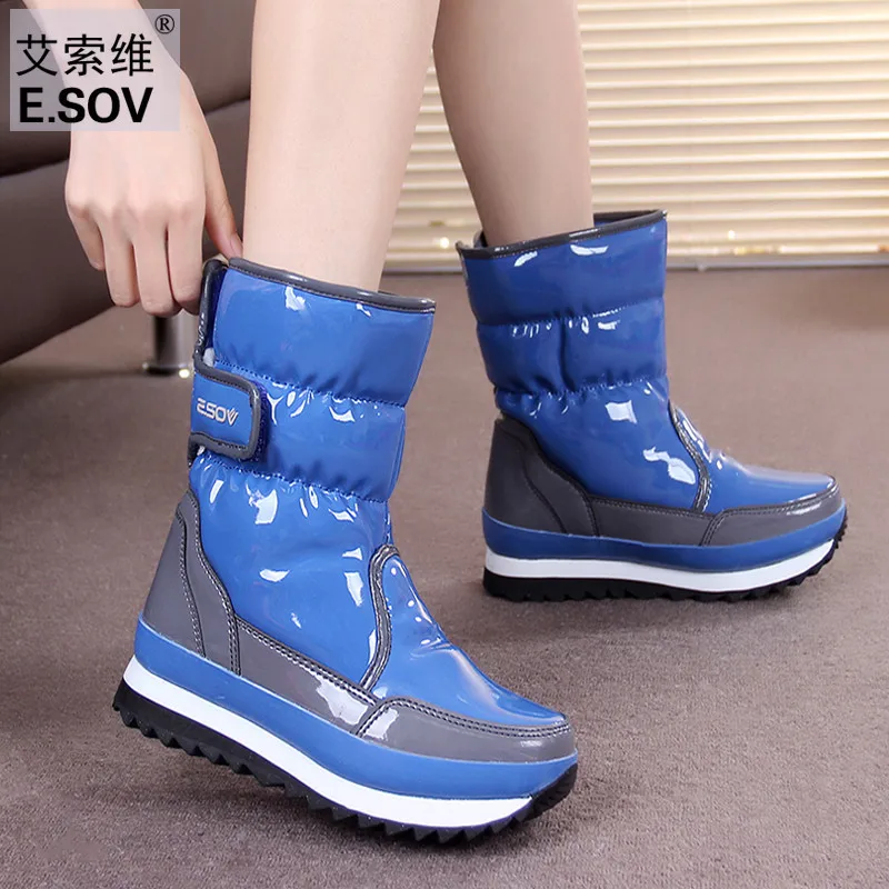 ESOV Woman Snow Boots Waterproof 2018 New Female Patent Leather Short Tube Winter Shoes Lady Warm Snowbots Flat Snow Boots 41