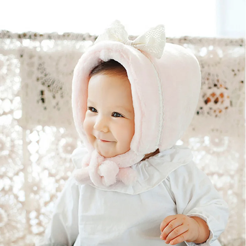 

Child winter hat baby winter thermal full velvet comfortable strap hat infant knitted baby hat 3-18M baby cap