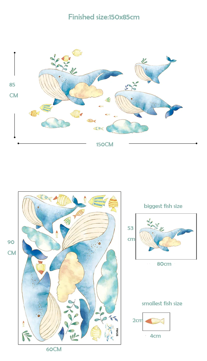 1 шт., большие настенные наклейки с голубым Китом, сделай сам, морские животные, искусство на стену для детской комнаты, гостиной, спальни, украшение, 150x85 см