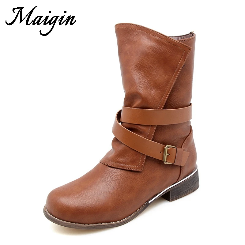 Maigin Autumn Low Heels Women Ankle Boots Round Toe Square Heel Booties Woman 2018 Comfy Leather Footwear Winter Female Shoes