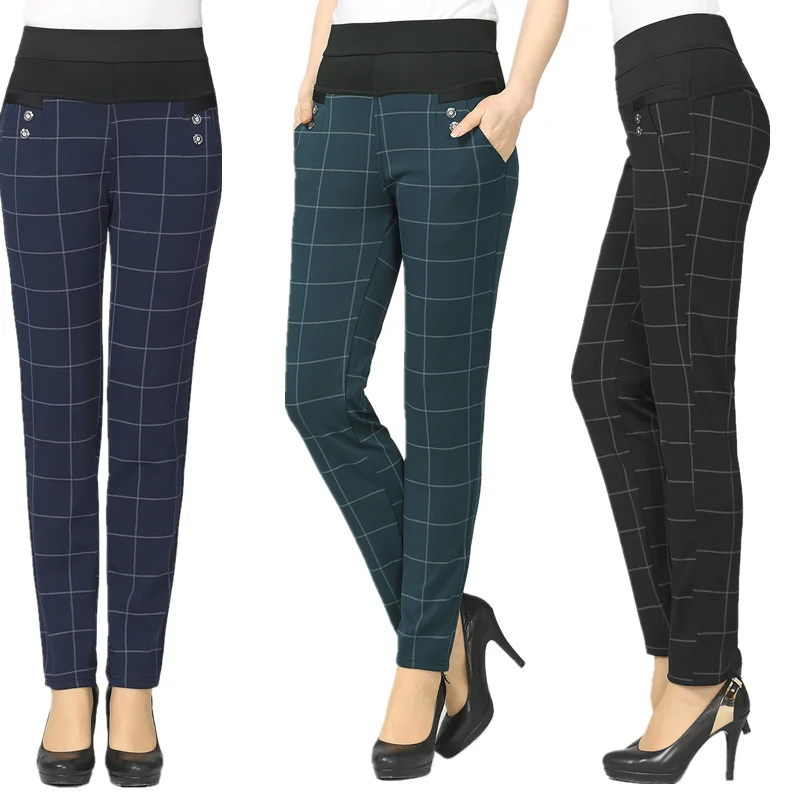 

Large size 2017 Winter Women grid Pants Warm sweat Plus Thick Velvet Pants Slim High Waist Stretch Pencil Pants Female Trousers