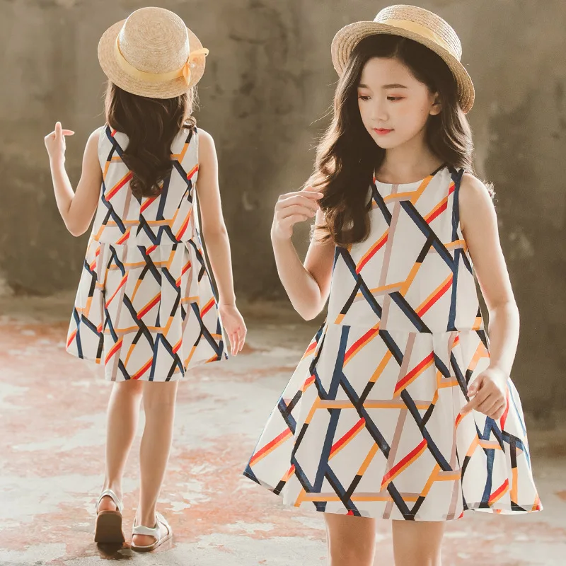ZSIIBO Girls Princess Dress Geometric Summer 2019 New Korean Fashion Sleeveless Children's wear Clothing Kid Girl Costume WGTQ73 | Детская