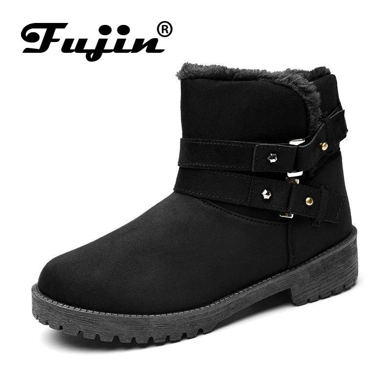

Fujin Brand Women Ankle Boots Pu Leather Short Plush Buckle Boots Winter Shoes for Women Keep Warm Comfortable