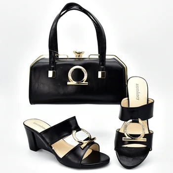 

Newest African Black Shoes with Matching Bags Ladies Shoes with Matching Bags Set Decorated with Metal Nigerian Women Shoes