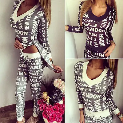 

NEW Arrivals Women Letter Print Tracksuit V-neck Hoodie Sweatshirt Coat+Pants Casual Suits 2Pcs Sets