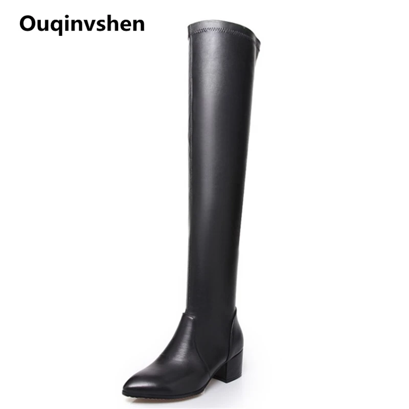 

Ouqinvshen Pointed Toe Over Knee Boots Fashion Plush Plus Size 33-43 Thick Heels Women Winter Boots Sexy Black High Heels Boots