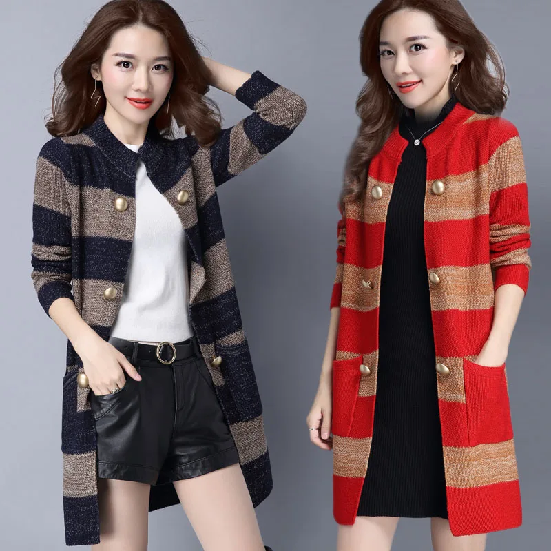 ^*Best Offers High-quality Women Autumn New Sweater Coat Women Knitted Cardigan Large size Sweater Women Striped Medium long Sweater ^*Best Offers High-quality Women Autumn New Sweater Coat Women Knitted Cardigan Large size Sweater Women Striped Medium long Sweater