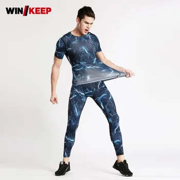

Gym Body Building Fitness Mens Sports Suits Printed Stretchy Outdoor Running Jogging Tracksuit Breathable Quick Dry Sportswear
