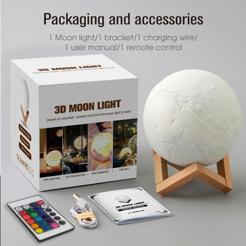 

16 Colors 3D Print LED Moon Light Touch Switch LED Bedroom Night Lamp with 24Keys Remote for Baby Kids Children Festival Lantern