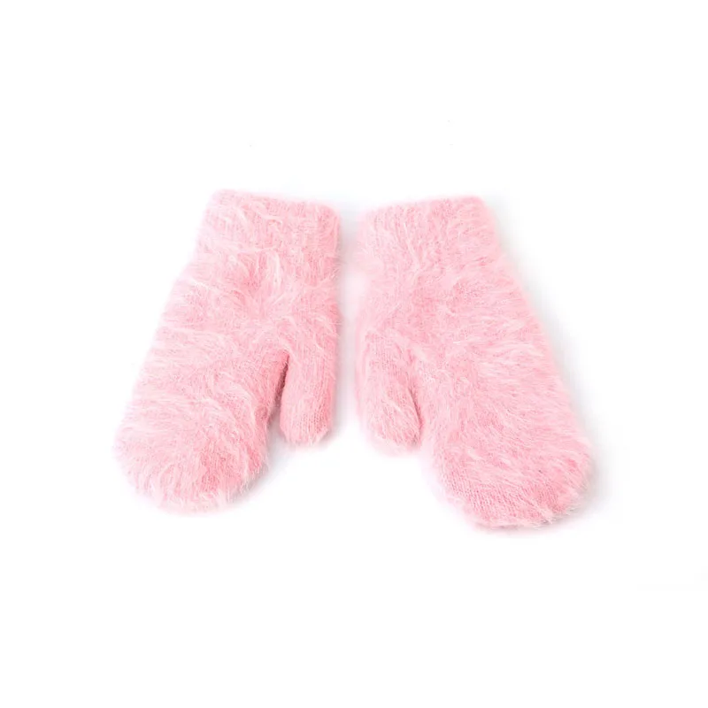 Зимние розовые женские утепленные перчатки из искусственного кроличьего меха, теплые варежки, Прямая поставка - Цвет: Розовый