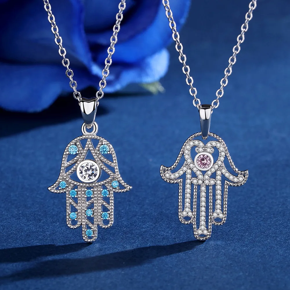 

Angel Caller Real 925 Sterling Silver Trendy Fatima's Guarding Hand Pendant Necklaces Women Zircon Fine Silver Jewelry Gift