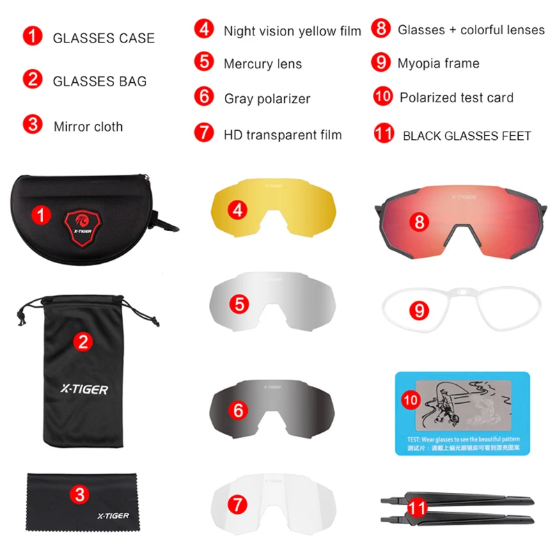 X-TIGER, 5 линз, поляризационные очки для велоспорта, близорукость, рама для велосипеда, для спорта на открытом воздухе, велосипедные солнцезащитные очки для мужчин и женщин, очки