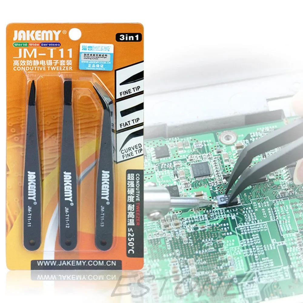 

New Hot 3 pcs All Purpose Precision Tweezer Set Stainless Steel Anti Static Tool Kit