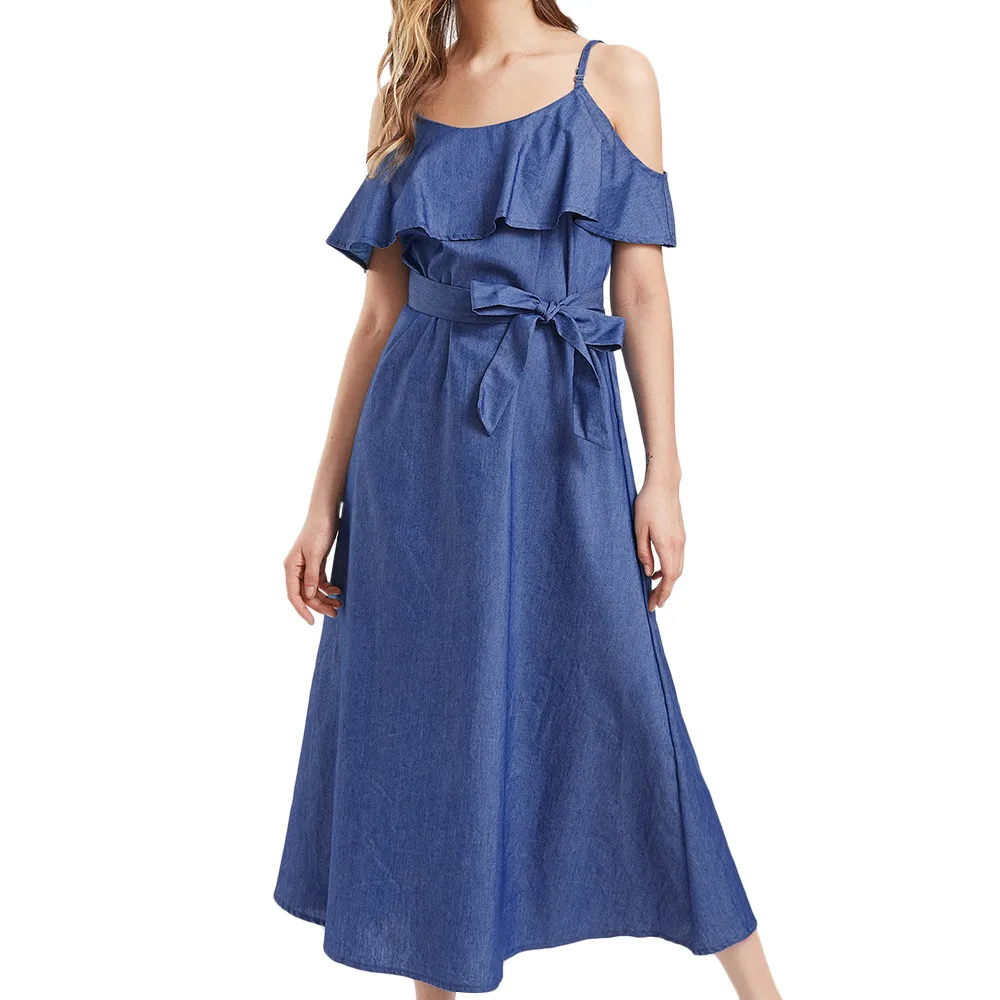 

2019 Women dress Casual Loose Slash neck Jeans Ruffles Sleeveless Off Shoulder Party Beach Summer New Fashion Midi Denim Dresses