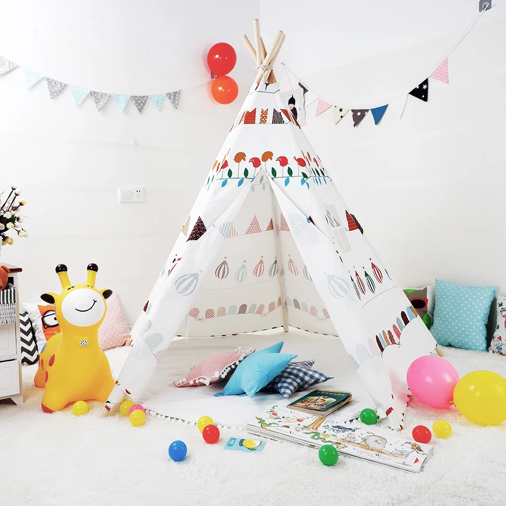 

Kids Teepee Handcrafted Cotton Canvas Play Tent Cartoon Pattern Indoor Outdoor Kids Tipi Playhouse Little Girls Room Decor