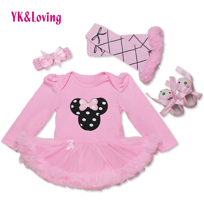 Cute Mouse Printed Baby Girl Tutu Dress Cotton Bodysuit + Headband + Legging + Shoes 4 Pcs Long Sleeve Infant Girls Clothing Set