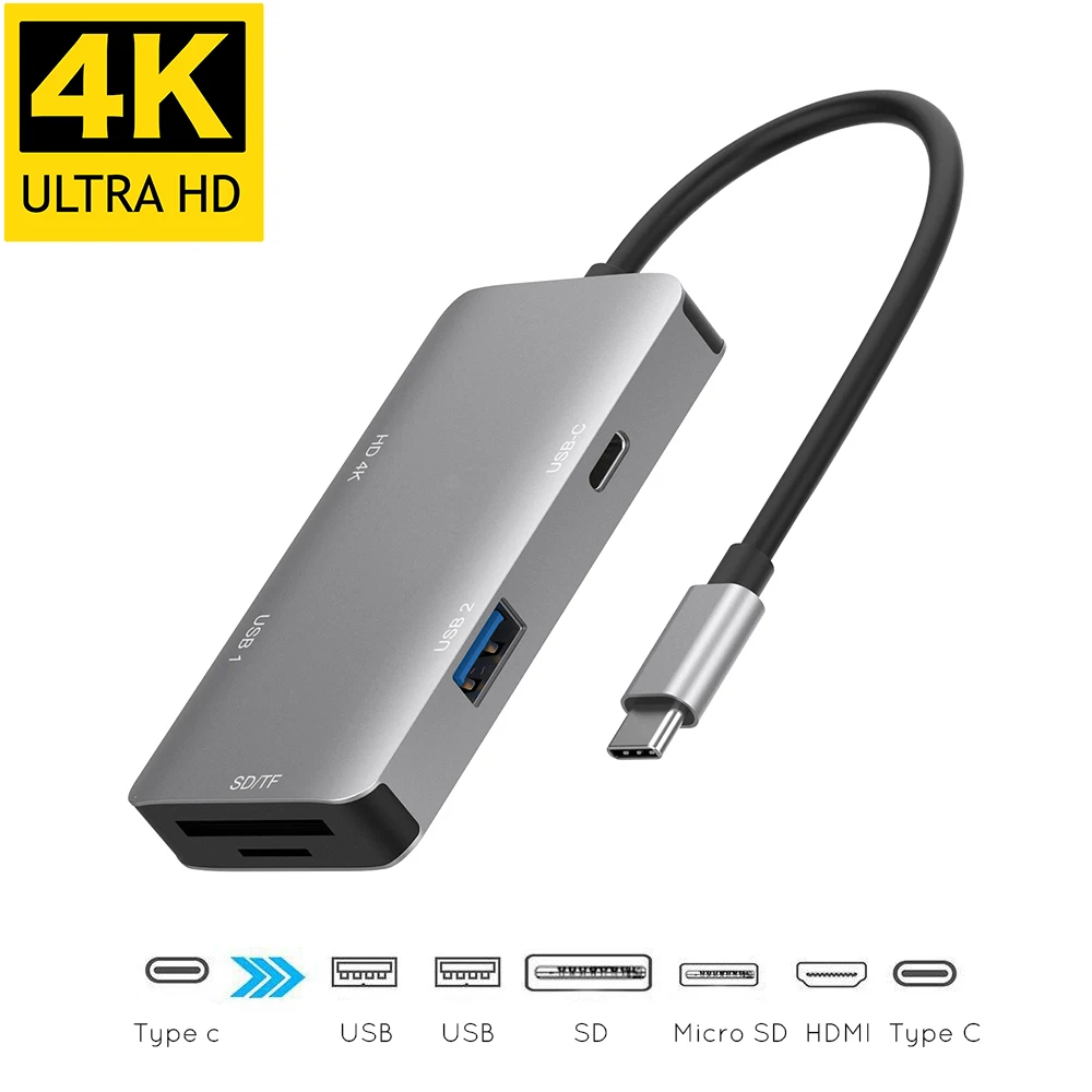 

Type C to HDMI 4K 2 USB 3.0 TF SD Card Reader Converter Hub Support PD Charging Dock Adapter for Macbook Galaxy S8 S9 Dex Mode