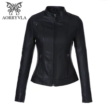 

AORRYVLA 2020 New Spring Women Slim Leather Jacket Black Washed PU Coat Short Length Zipper Motorcycle Ladies Basic Jacket A1795