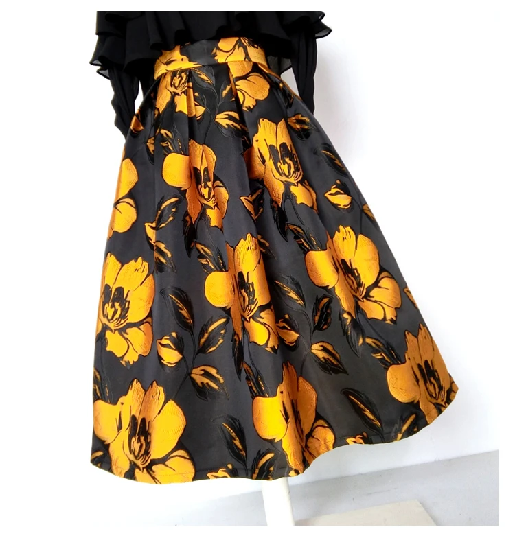 

New Arrival Women Fall Winter Printing Golden Flower A-line Middle Long Skirt XHSD-3255
