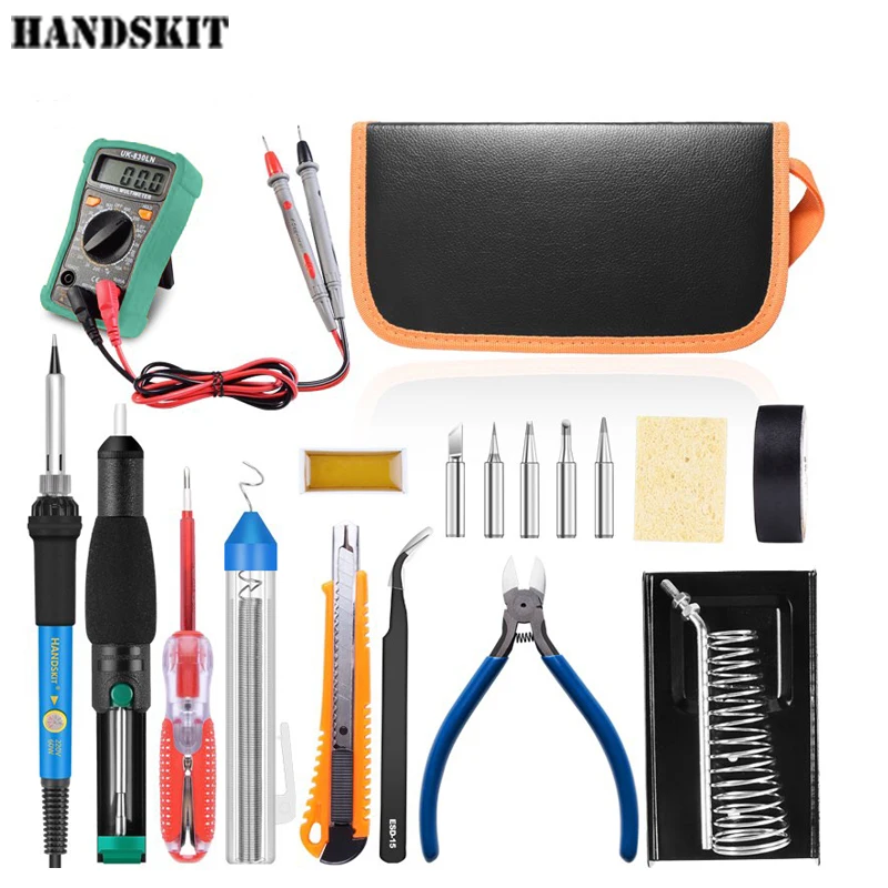 

Handskit Mini Digital Multimeter Soldering Iron Desoldering Pump Wire Cutters Electrical Tape Blade Scredrivers Hand Tools