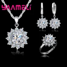Hoge Kwaliteit 925 Sterling Zilveren Zon Bloemen Zirconia Ketting Oorbellen + Ringen Crystal Sieraden Voor Vrouwen Wedding(China)