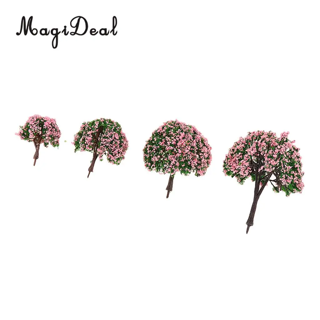 MagiDeal 4Pcs/Lot Scenery Landscape Plastic Model Trees with Pink Flowers for Street Railway Forest Garden House Decor Layout
