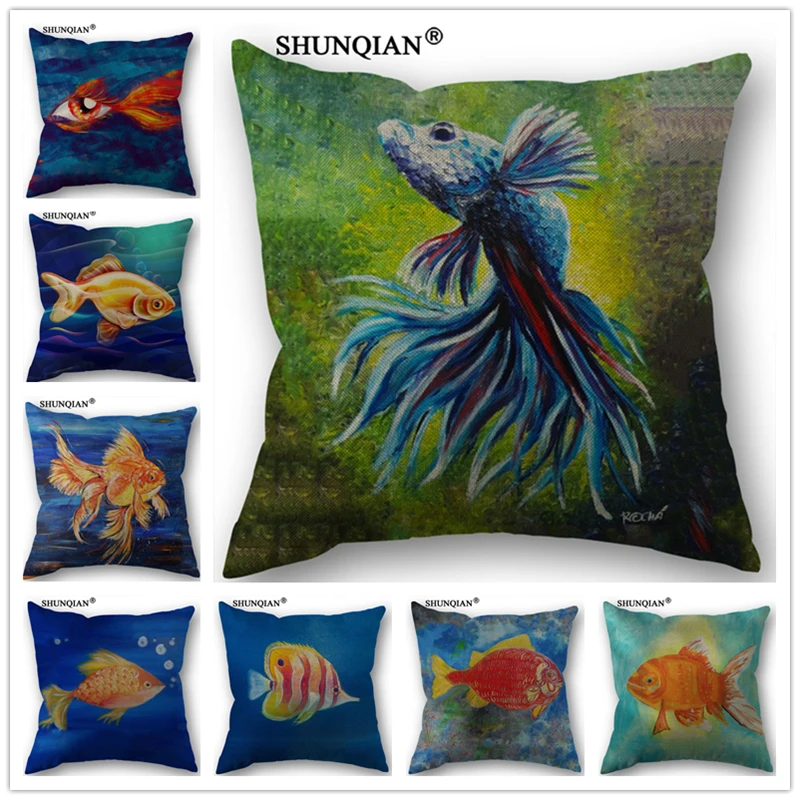 Linen Cotton Watercolor fish Pillow Cover Custom Print Home Decorative