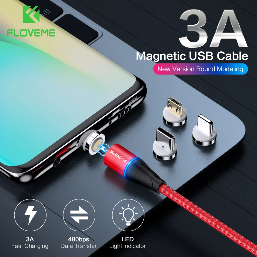 Магнитный кабель FLOVEME 3A для iPhone, samsung, huawei, Xiaomi, usb type-C, Micro USB, кабель для быстрой зарядки и передачи данных, магнитный кабель