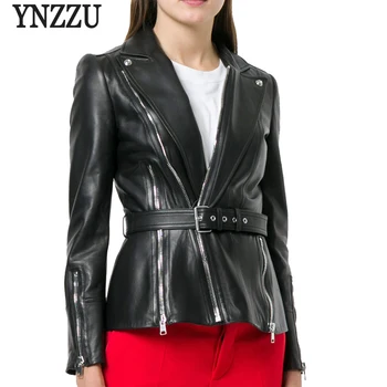 

YNZZU Elegant 2018 Autumn Women Faux Leather Jackets Solid Color Long Sleeve Motor Biker Slim PU Leather Jacket Coat YO622