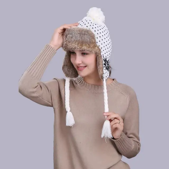 Warm Women's Winter Knitted Hats with Ear Flaps Snow Ski Thick Knit