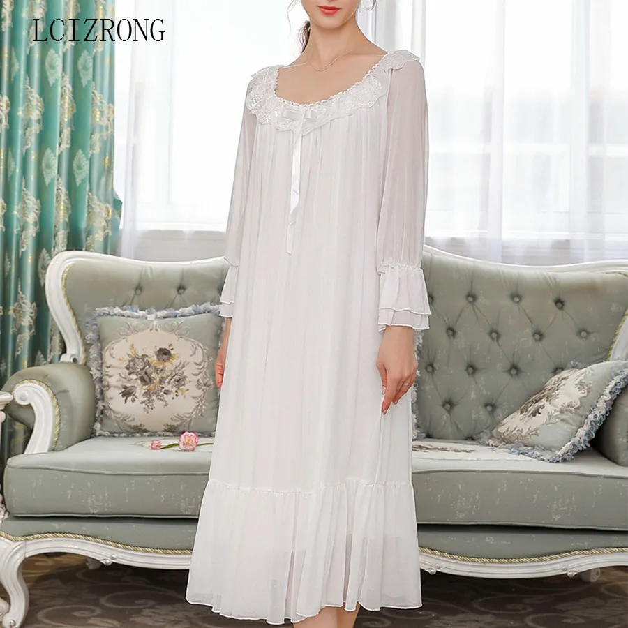 

Palace Princess Long Sleeve Night Dress Women Sweet O-neck Lace Ruffle Bow Nightgown Sleepwear Pink Plus Size Loose Sleepdress
