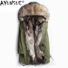 AYUNSUE зимнее пальто из натурального меха енота Мужская Толстая теплая куртка Повседневная парка с капюшоном и воротником из натурального меха размера плюс 4XL ZL370