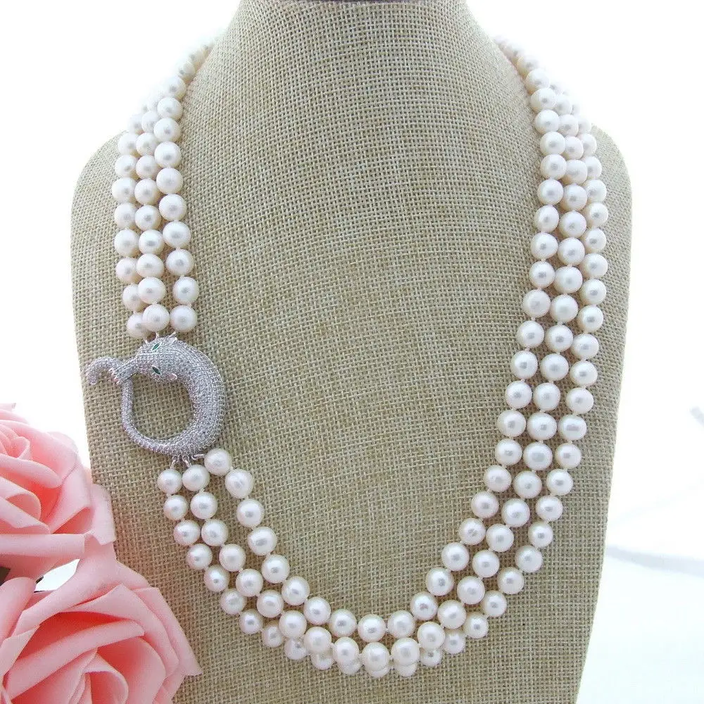 

GE010807 22''-23'' 8-9MM 3 Strands White Pearl Necklace CZ Pendant