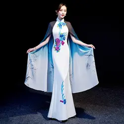 Шифоновый с цветочным рисунком рукав русалка платья Qipao леди с атласной аппликацией вечернее платье-макси Китайская традиционная Vestidos