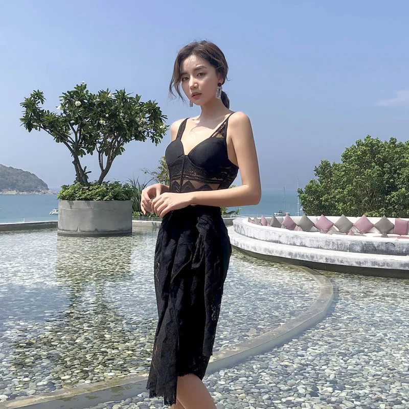 

Swimsuit One Piece Bikinis Female 2019 Fused Swimwear Bikini Lady's Swim Wear Korea Ins New Pure Color Bubble Solid Polyester