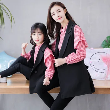 

Spring Autumn Family Look Mother Daughter Long Sleeve Blouse+Vest Coat Suit Family Matching Outfits Set 2PCS Fashion Clothes E67