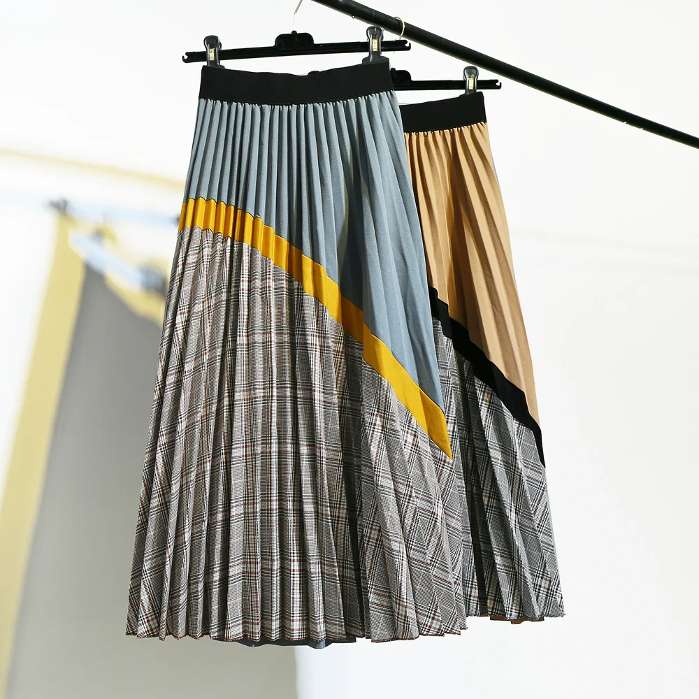 

8530-2019 summer new retro fashion plaid stitching Women skirt long color matching pleated skirts girl