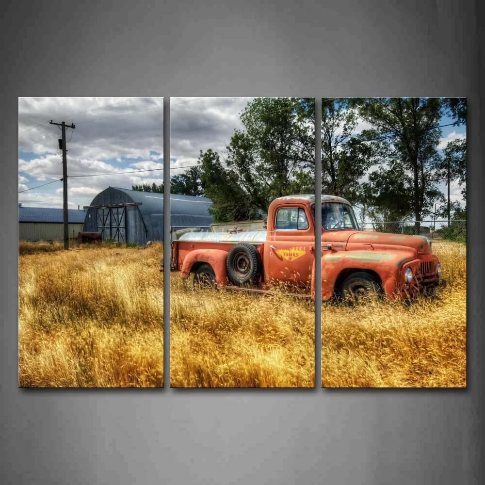 3 Piece Wall Art Painting Car In Red Trees And Dry Grasses In Field Picture Print On Canvas Car