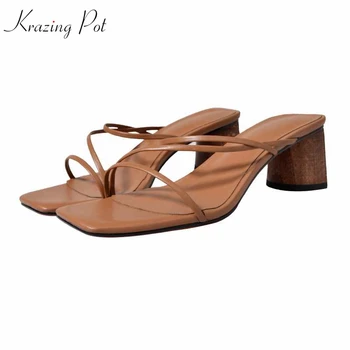 

Krazing pot new genuine leather wooden high heels streetwear peep toe Hollywood movie star vintage design convenient sandals L52