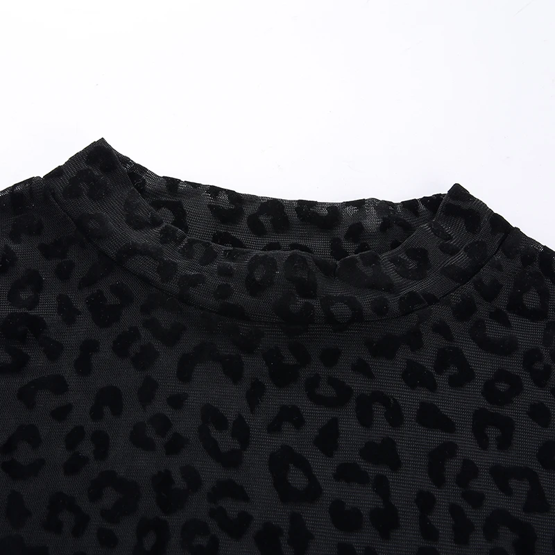 Waatfaak O Neck Skinny Lace Bodysuit Sexy Transparent Mesh Cheetah Print Long Sleeve Lace Bodysuits Women Streetwear Black Body