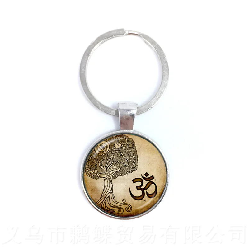 1pcs/lot Yoga Jewelry Keychain OM Symbol Buddhism Zen Unique Mandala Flower Key Chain Glass Henna Handmade Keyring