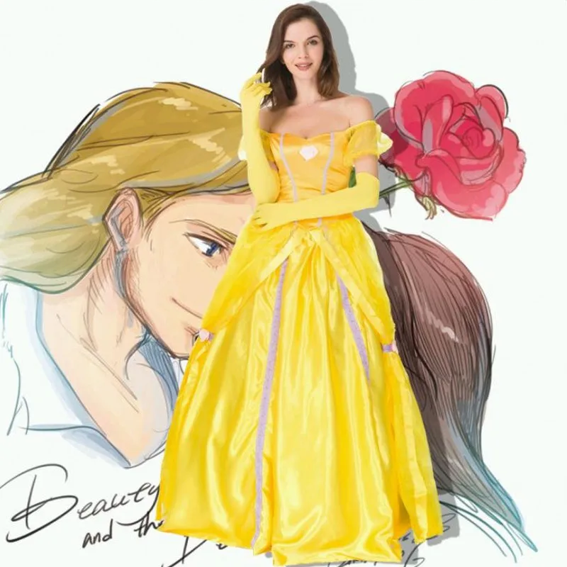 

Fairy Tale Cosplay Beauty and the Beast Costumes Women Adult Princess Belle Dresses Party Fancy Girls Flower Yellow Long Dress