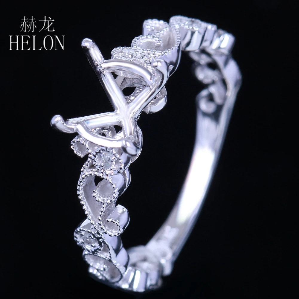 

HELON 7-8mm Round Semi Mount Solid 10k White Gold Natural Diamonds Ring Art Deco Retro Antique Filigree Engagement Wedding Ring