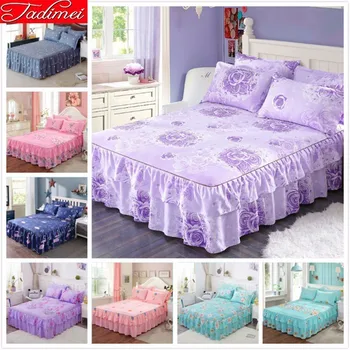 

New Fashion Flower Pattern Purple Bed Skirts Adult Kid Girl Bed Cover Single Full Twin Queen King Size Bedspread 150x200 180x200