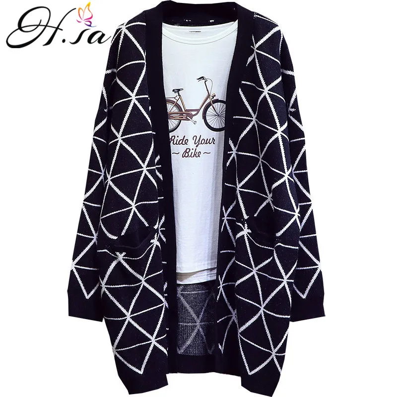 

H.SA Autumn Winter Warm Women Cardigans Long V neck Casual Korean Black Knit Jumpers Sweater Coat Open Stitch cardigan feminino