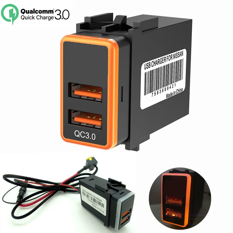 

CHELINK 12V QC3.0 Dual USB Car Charger with LED Voltmeter Power Adapter Quick charging stock For Nissan