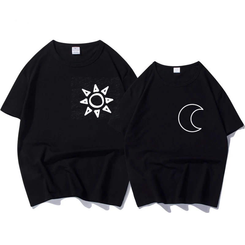 Летние Новые Модные подходящие женские футболки футболка с принтом Sun and Moon